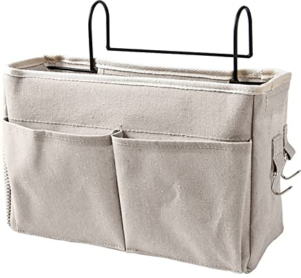 BORDSTRACT Bedside Caddy Hanging, Bed Organizer Storage Bag Pocket for Bunk, Dorm Rooms Rails for Books, Remotes, Keys, Glasses (White)