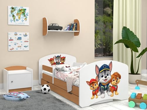 Happy Babies Kinderbett mit Rausfallschutz Junge 140x70 Bett für Kinderzimmer mit Schublade Matratze Einzelbett für Kinder Weiß Blau Hundemotiv (Buche)