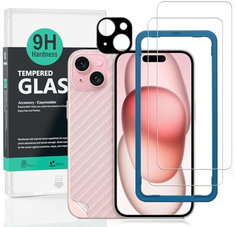 Ibywind 2 Piezas Protector Pantalla para Apple iPhone 15 5G 6,1+1 Pieza Protección Cámara+1 Pieza Protector Trasera Fibra Carbono,Dureza 9H Cristal Templado,Fácil de Instalar