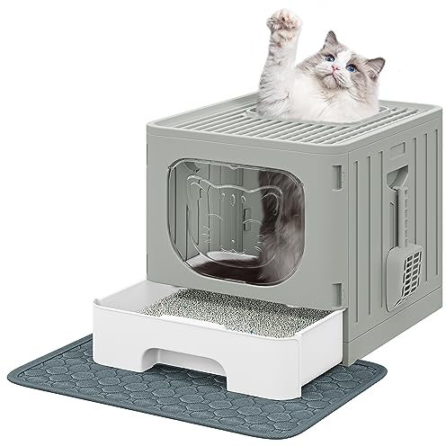 YITAHOME Cat Litter Box with Hood - Splash-Proof Enclosed Design, Large Pet Toilet with Removable Drawer & Scoop, Space-Saving Cat Tray (Grey)