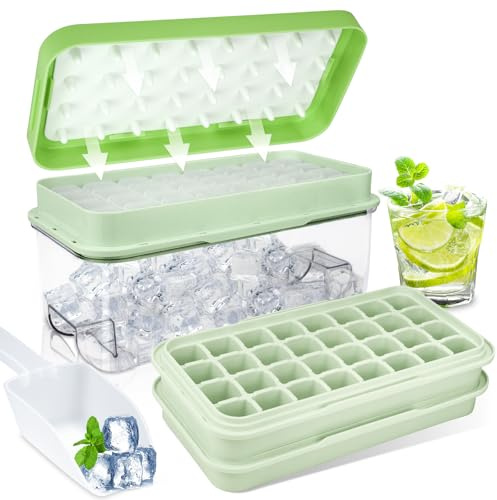 Bac a Glacon, Lot de 64 Glacons Moule de Qualité Alimentaire avec Couvercle et Réceptacle, Double Couche Bac à Glaçons avec Cuillère, Facile à Presser pour Libérer pour Boisson, Whisky, Cocktail, Vert
