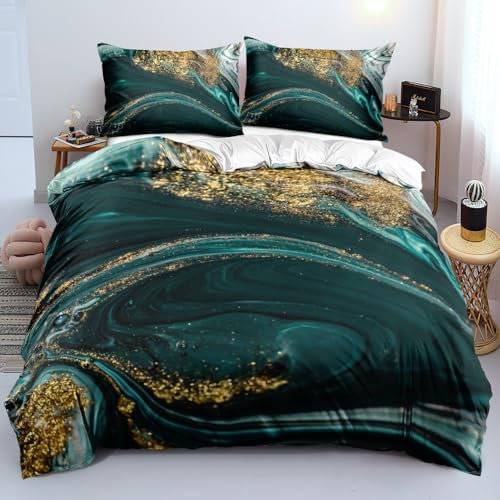 Luowei Marmor Muster Bettwäsche 135x200 cm Dunkelgrün Gold Bettwäsche Set Microfaser Luxus Modern Bettbezug und 2 Kissenbezüge 80×80cm mit Reißverschluss