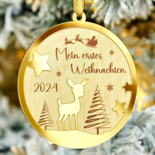 Namalu Mein Erstes Weihnachten Weihnachtskugel mit Gravur Weihnachtsbaumschmuck Weihnachtsdeko aus Holz und Acryl Christbaumschmuck Hängende Ornament(Hirsch-Stil)