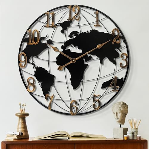 Mee 2ou Large Wall Clock - 24 Inch World Map Minimalist Modern Round Metal Wall Clock Silent Non-Ticking Battery Operated Wall Clocks for Living Room Kitchen Office Farmhouse Home Decor