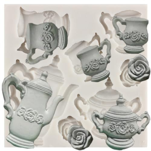 MINFEIDMS Tea Party Cake Mould Tea Party Teapot Silicone Fondant Mould Rose Flower Chocolate Moulds Tea Cup Candy Mould for Sugar Cake Decoration Cupcake Topper Gum Paste Polymer Clay