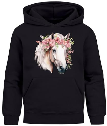 SpecialMe® Kinder Hoodie Mädchen Pferdekopf mit Blumen Mädchengeschenke Pferde Print Aufdruck schwarz 116
