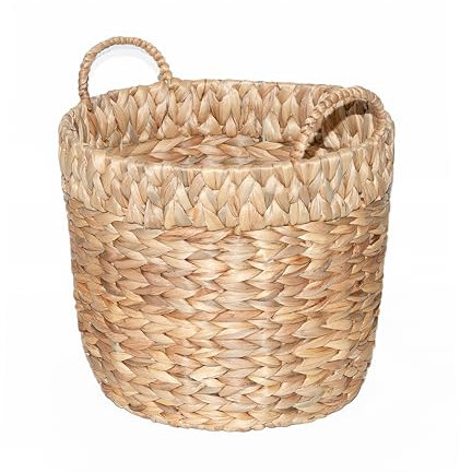 Wickerfield Water Hyacinth Woven Round Storage Laundry Basket Wicker Gift Hamper with Handle Large Home Blanket Bathroom Toy Organizer (Large)