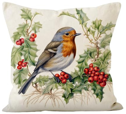 Rotkehlchen-Kissen, Weihnachts-Kissenbezüge, 114 x 114 cm, Weihnachtsdekoration, einzelnes Set aus Leinen, Weihnachtsvogelkissen mit roten Früchten und Blättern, für Urlaub, Sofa, Wohnzimmer,
