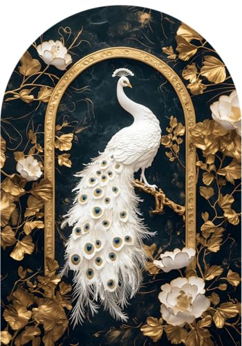 STYLER Glasbild Peacock 70x100 cm – Prächtiger weißer Pfau mit luxuriösen Goldakzenten – Asiatisches Kunstwerk mit digital veredeltem Bogen-Design