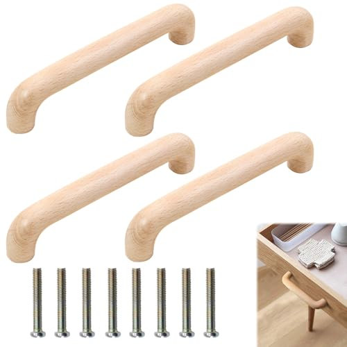 Piuluvor® 4 Stück Schrankgriffe Holz 128mm Lochabstand Retro-Design Buchenholz Möbelgriffe