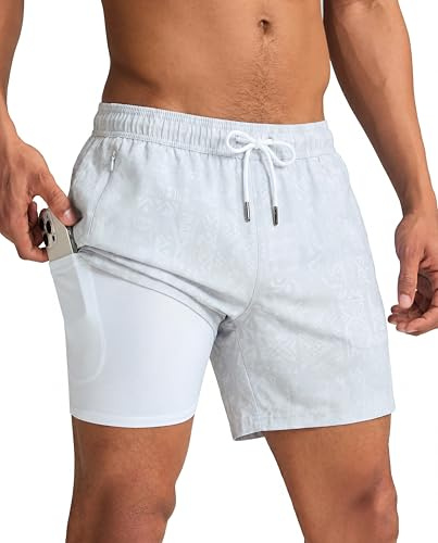 MaaMgic 5 Mens Swim Shorts with Compression Liner 4-Way Stretch Bathing Suit Swimming Shorts 2 in 1 Men's Swim Trunks with Zipper Pockets Quick Dry, Frost Marks, S