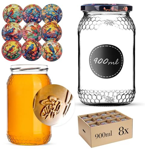 KADAX 8st Honiggläser 1260g (900ml) mit Deckel fi82mm für Lebensmittel, Honig, Marmelade, Früchte, Vorratsglas, Neutrales Schraubglas Imkerhonig (Vögel, 8 Stück)