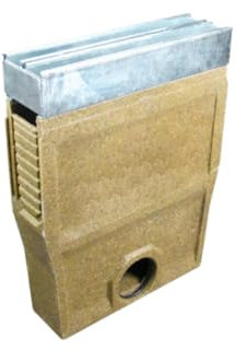 Polymerbeton-Einlaufkasten, verzinkt Schlitzentwässerung, für Rinnen Typ HR-15,20,25, Belastungsklasse C-250 bis 25 Tonnen. Höhe: 65,8 cm. Fangschmutzkorb inkl. Ablauf DN 110. LKW-befahrbar