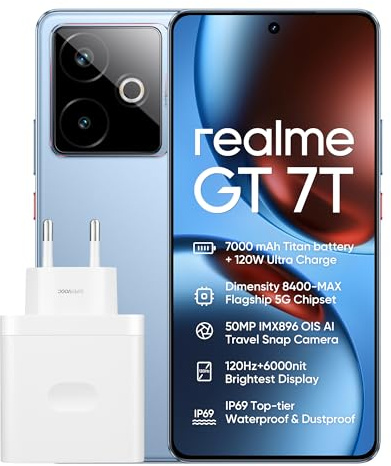 realme GT 7T 5G Teléfonos móviles, 12 GB+256 GB, Chipset Dimensity 8400-MAX, Batería de 7000 mAh, Carga de 120W, Cámara IMX896 OIS de 50 MP, Pantalla de 120 Hz, IP69, Azul