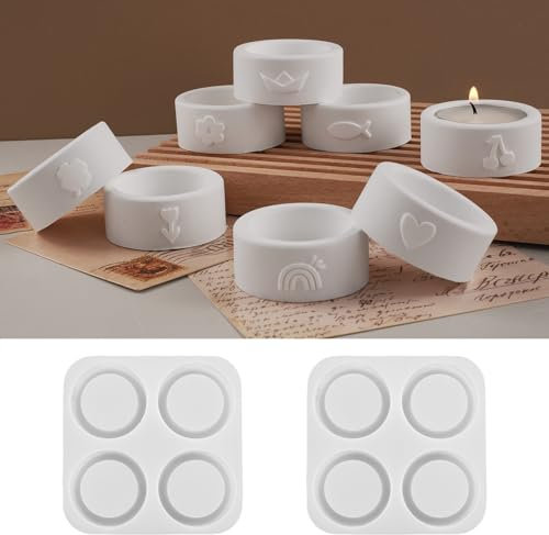 Silikonformen Gießformen Kerzenhalter, 8 Stück Rund Silikonform Teelichthalter Gießformen Silikon Teelichthalter mit Blume Herz Muster Gips zum Gießen Gießform Kerzenhalter für Teelichter (A)