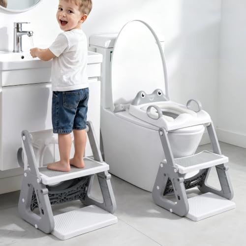 Potty Training Toilet Seat, Upgraded 2 in 1 with Stable Triangle Structure | Toddler Toilet Seat w/ Extended Pedal, Splash Guard, Soft Cushion, Adjustable Anti-Slip Lightweight, Easy to Use, Frog Grey
