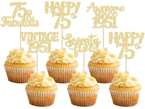 Gyufise Cupcake-Topper Happy 75th Birthday, glitzernd, 75 fabelhafte Vintage-Cupcake-Picks von 1951, Cheers to 75 Years für 75. Geburtstag, Jahrestag, Party, Kuchendekoration, Zubehör, Gold, 30