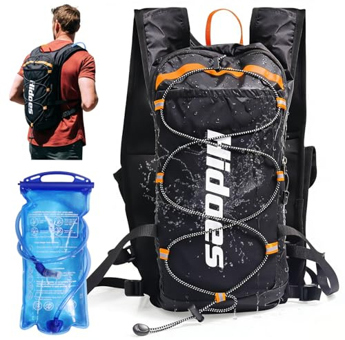 Leichter Trinkrucksack mit 2 l Trinkblase & Kompass & Pfeife, Touch-Handytasche, atmungsaktiv, reflektierend, Hydro-Wasser-Rucksack für Wandern, Radfahren, Laufen, Trinkrucksack für Männer und Frauen