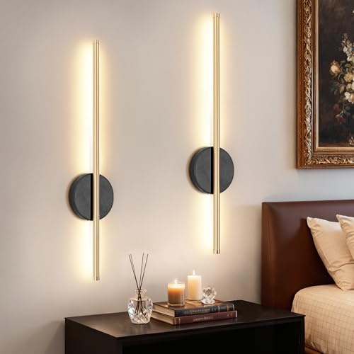Dehobo Rechargeable Wall Lights for Living Room Black and Gold, 2 Pack | Wall Lights Rechargeable No Drilling Dimmable, Battery Wall Lights Wireless with Remote Control for Bedroom Hallway TV Wall