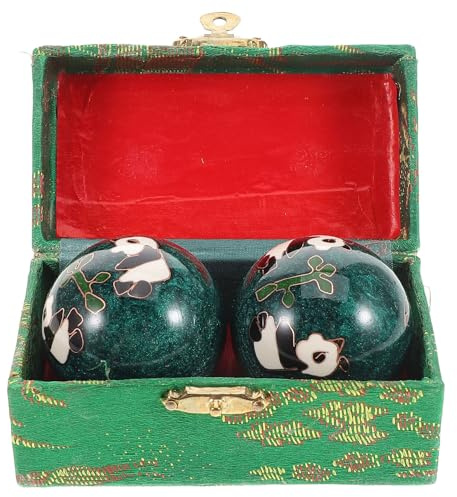 FIXOSHEE 2 Stück Chinesische Handmassagebälle Panda Grün aus Emaille mit Klang für Handtraining Entspannung und Fingerübung Stilvolles Fitness Geschenkbox
