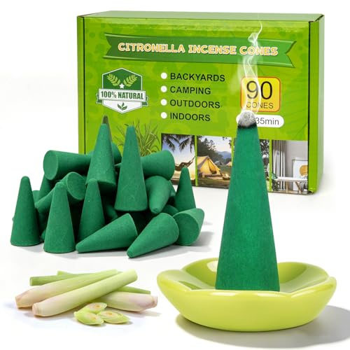 Citronella Räucherkegel 90 Stück mit 2 Haltern,Bis zu 3000 Minuten Gesamtbrenndauer,Natürliches Zitronengras Räucherwerk mit Citronella Öl für Garten Terrasse Balkon Camping Grillabende