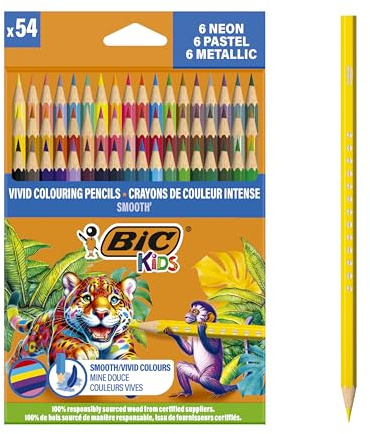 BIC Kids Smooth Buntstifte aus zu 100% verantwortungsvoll angebautem Holz – verschiedene Standard-, Metallic-, Pastell- und Neonfarben, Box à 54