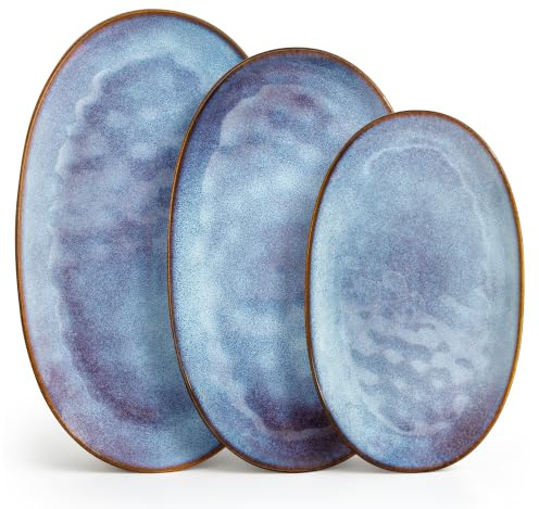 vancasso Platos Vajilla de Gres, Juego de 3 Platos, Platos Ilanos Ovalados, Platos de Postre, Platos de Desayuno, Platos para Tartas, Platos para Comer en 3 tamaños, Azul Lavanda