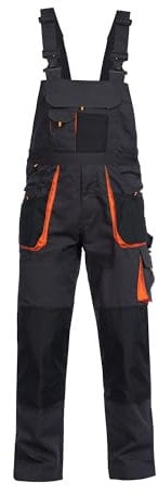 Stenso Kastor Arbeitshosen Männer Latzhose Herren Arbeitshose - Arbeitslatzhose Herren mit Elastischer Bund, Knieverstärkung, Latztasche, Verstellbare Träger, Handytasche Grau/Orange EU64