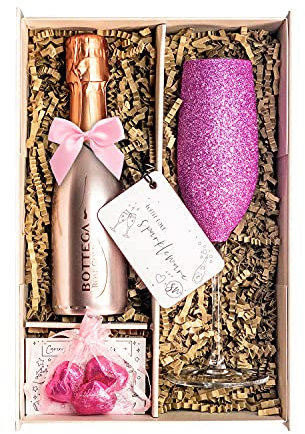 Bottega Rose Gold Spumante Sparkling Wine 20cl Gift Set With Matching Sparkling Pink Glass Champagne Flute, Chocolates and Gift Box - Wine Gifts For Girls and Women (Sparkling Top)