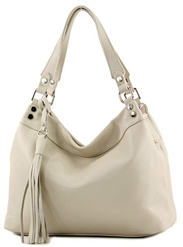 modamoda de T201 Damen Leder Schultertasche Handtasche handmade in Italy, Farbe:Creme