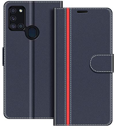 COODIO Schutzhülle aus Leder für Samsung Galaxy A21s, Schutzhülle mit Standfunktion für Samsung Galaxy A21s, Dunkelblau/Rot