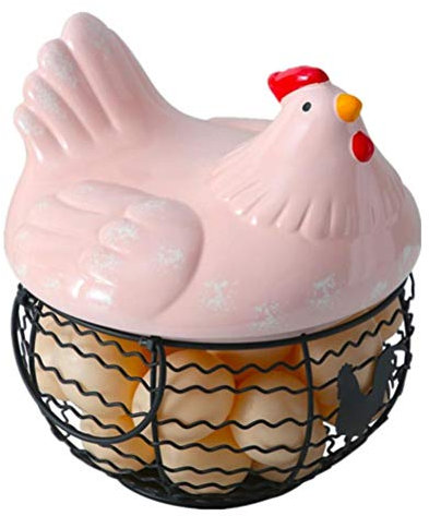 Eieraufbewahrungskorb, Hühnerform Keramik Metall Eierkorb, Eierhaushaltsaufbewahrungskorb Metallgitterdraht Eieraufbewahrungskorb, Brotkorb Obstkorb Küchenvorratskorb - Rosa (19.5 * 22cm)