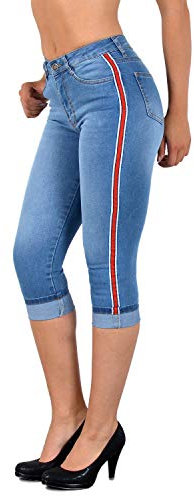 ESRA Damen Capri Jeans Hose Damen mit Seitenstreifen High-Waist Caprihose Kurze Jeans Hose mit Streifen bis Übergröße J140