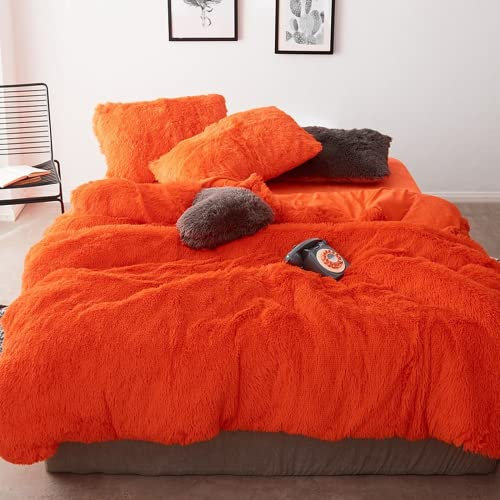 Amacigana Winter Plüsch Bettwäsche Set 135x200 Cashmere Touch Flauschig & Warme Coral Fleece Flanell Mädchen Orange Bettbezug Deckenbezug Mit Reißverschluss Und Kissenbezug 50x75cm (Orange,135X200)