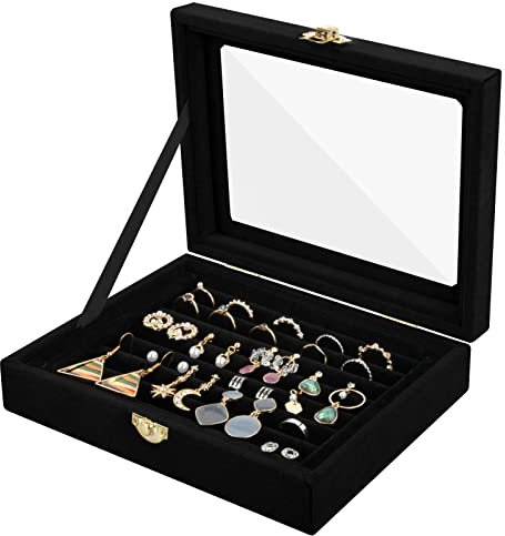 Fangehong 7 Slots Jewellery Box for Ring Earring, Velvet Jewelry Display Tray, Jewelry Storage Case Organiser with Clear Glass Lid for Women Girls Stud Earring Holder (15x20cm, Black)