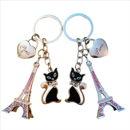 Home decoration Set de 2 porte clefs Paris Tour Eiffel avec un chat -3760317574393, M