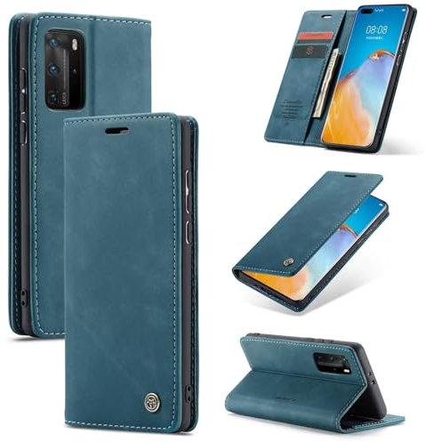 SLWYF Handyhülle für Huawei P40 Pro Hülle, PU Leder Flip Tasche Klappbar Magnet Wallet Lederhülle, Silikon Bumper Klapphülle Case mit Kartenfäch für Huawei P40 Pro, Blaugrün