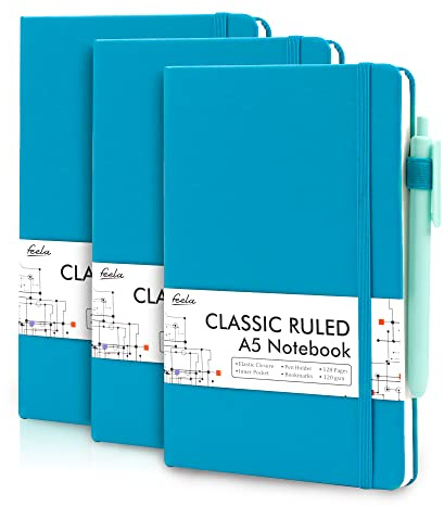 feela 3 Pack A5 Notebooks, Lined Notepads with Gel Pens, 120 GSM, Teal | College Ruled Hardback Journal Notebooks for Work, Study, School, Office, 128 Pages Each, 21 x 13 cm