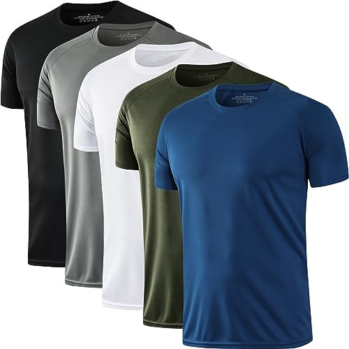 HOPLYNN 5 Pack Running Shirts Men Sport Tops Dry Fit Gym Wicking Athletic T Shirts Breathable Cool Workout Shirts Black/Grey/Blue/White/Green S