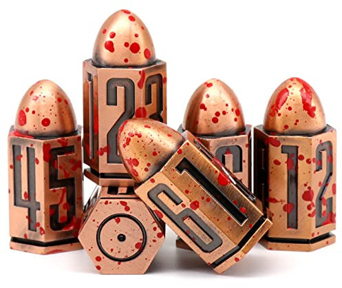 Bullet Metall Würfel Set, D6 DND Würfel 6pcs, ZHOORQI Blutfleck Polyedrische Würfel für D&D Dungeons and Dragons Zubehör Geschenk(Bullet - Red Copper)