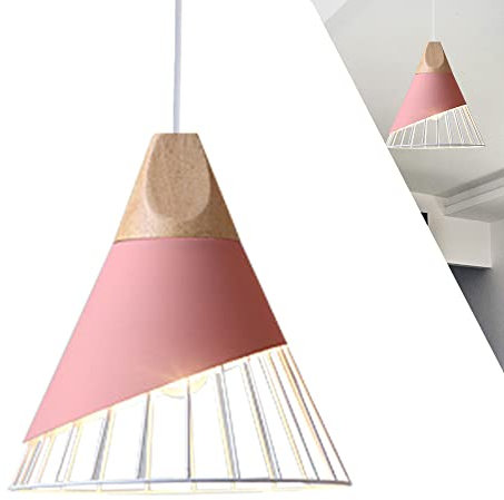 1-flammig Pendelleuchte Vintage Industrielle Hängelampe mit Holz Retro Deckenlampe E27 Hängeleuchte Lampenschirm aus Metall Kreative Deckenleuchte für Esszimmer Küche Schlafzimmer, Rosa Gelb (Rosa)