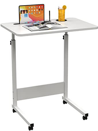 Rcynview Bureau Informatique Assis Debout Réglable, Bureau Blanc 60 x 40 cm avec Roulettes, Porte-Gobelet et Emplacement iPad, Pour Home Office, Loisirs et Études