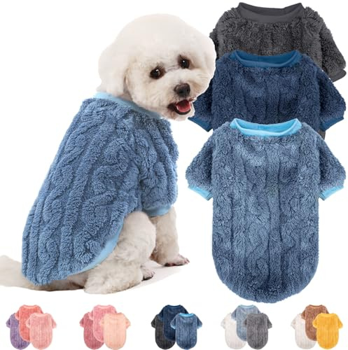 JAMPAYANG Dog Sweater, 3 Pack Dog Sweaters for Small Dogs or Cats, Girl or Boy, Warm Dog Clothes Shirt Coat for Winter Christmas (Blue, Dark Blue, Grey, Small)