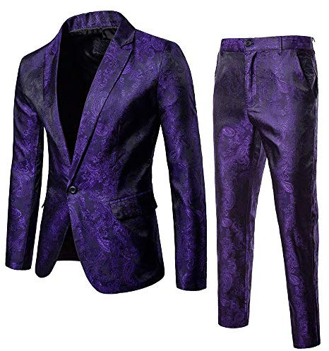Abito Uomo Jacquard Slim Fit Vestito Smoking Elegante Cerimonia con Blazer e Pantaloni Completo Abito da Uomo 2 Pezzi Abiti Eleganti in Puro Colore Slim Fit Blazer Pantaloni Chic (Purple, M)
