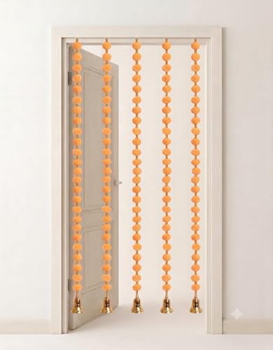 Indische handgefertigte Pompon-Girlande mit Glocken, ca. 152 cm, 2 Girlanden, Diwali-Dekoration, Weihnachtsdekoration (Mango)