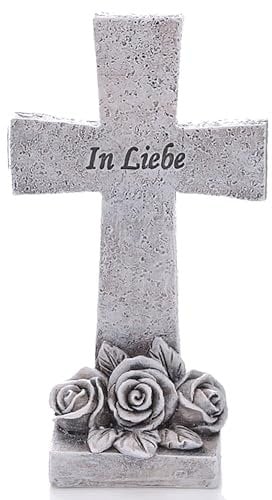 Besinnliche Grabdeko zur Erinnerung, frostfest und witterungsbeständig Grabschmuck - Grabfigur - Friedhof Deko (Kreuz In Liebe H 14 cm)
