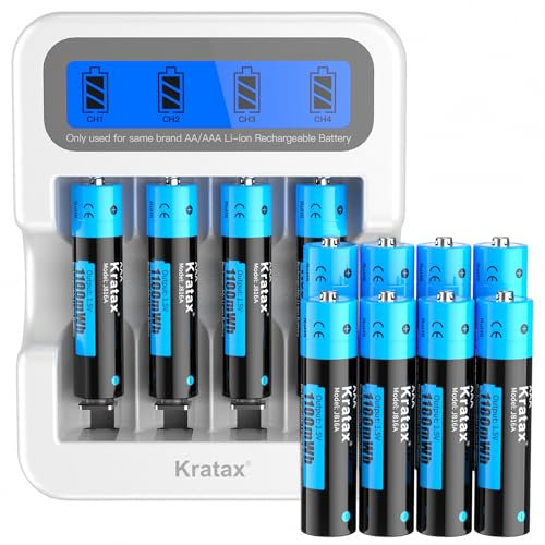 Kratax 1,5V Lithium AAA Batterie, Wiederaufladbare AAA Lithium Batteriev, 1100mWh (1,5V/733mAh) Hohe Kapazität, Konstante Leistung, Lange Lebensdauer, 12 Stücke AAA Akku mit LCD-Display Ladegerät