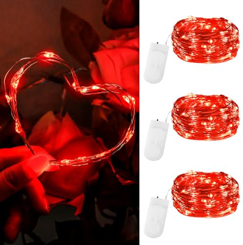 Dalugo Guirlande lumineuse batterie Saint-Valentin 2m 20 LED rouge guirlande lumineuse avec batterie, Mini guirlande lumineuse rouge pour anniversaire de mariage, chambre à coucher [3 pcs.]
