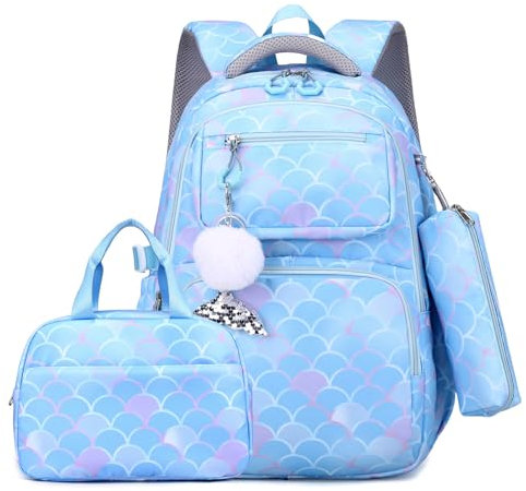 Tanou Schulrucksack Mädchen 4 Teilig Rucksack Mädchen Teenager, Große Schultasche Kinder der 3. bis 7. Klasse, Nylon Schulranzen mit Lunchtasche Stiftetasche, Blau