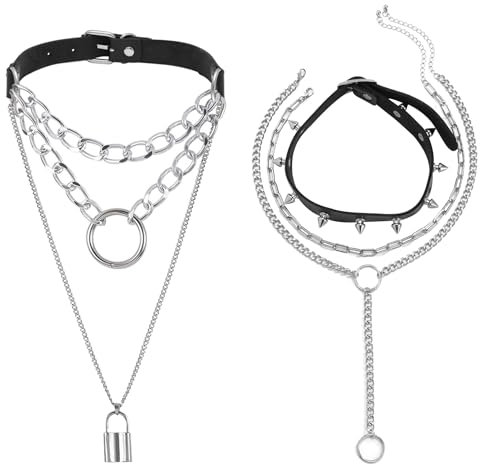 JewelryWe Gothic Leder Halsband Damen: 2 Stück Punk Geschichtet Spike Nieten Choker Kette mit Schloss O-Ring Anhänger Lange Y Kragen Halskette Verstellbar Layered Halsreif Halloween Schmuck Schwarz